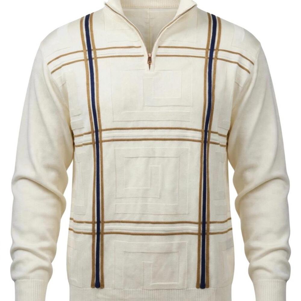 NWT Stacy Adams Men's XL 1/4 Zip Sweater Cream Gold Navy Geometric Knit Pullover